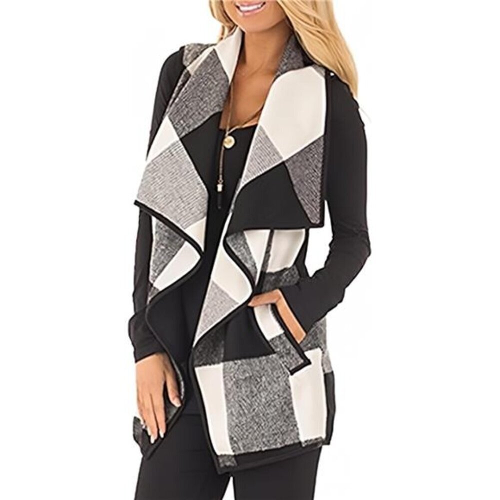Sleeveless Buffalo Plaid Cardigan For Women Open Front